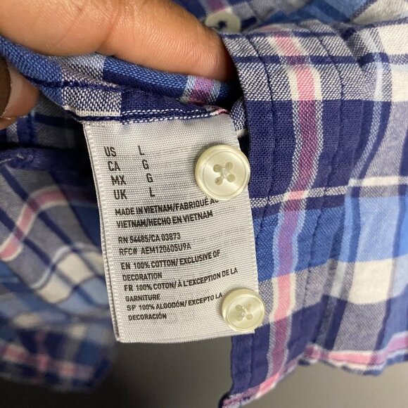 American Eagle Men's Blue Plaid Button-Down Classic Shirt - Picture 7 of 9